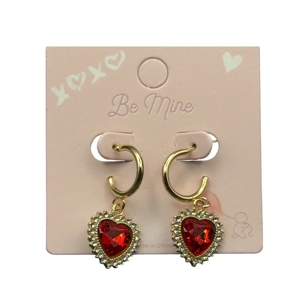 Gold Tone Heart Hoop Earrings Red Gem‎ Rhinestone Dangle Charm Be Mine Valentine